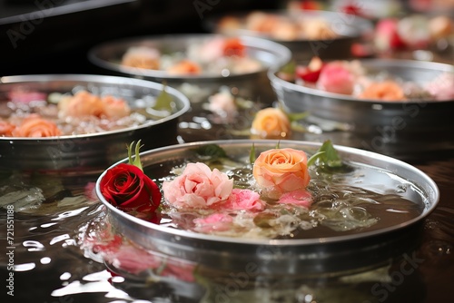 Floating flowers in water bowls as part of a serene decorative arrangement