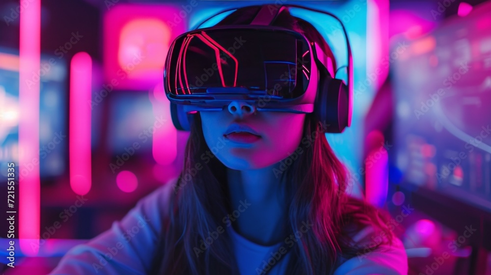 Young woman in VR glasses plays a computer game in the middle of a neon room Young woman in VR glasses plays a computer game in the middle of a neon room