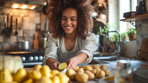 Young woman peeling potatoes in the kitchen while sitting on a stool and smiling