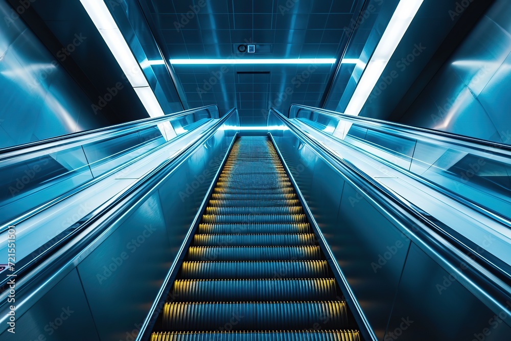 Bottom up view of modern escalators in metro Bottom up view of modern escalators in metro