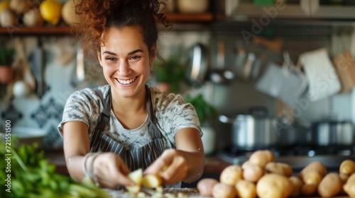 Young woman peeling potatoes in the kitchen while sitting on a stool and smiling