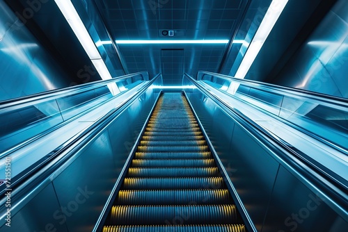 Bottom up view of modern escalators in metro