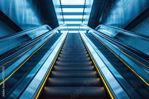 Bottom up view of modern escalators in metro