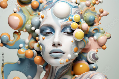 Molecular abstraction of multicolored balls around head of young charming woman