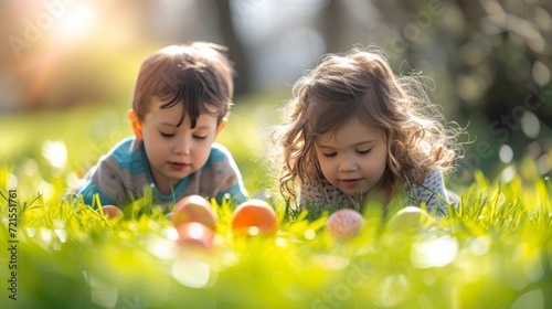 Cheerful children are looking for colorful Easter eggs in the bright green grass on a sunny day