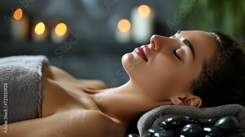 Young woman lying on spa treatment with black stones