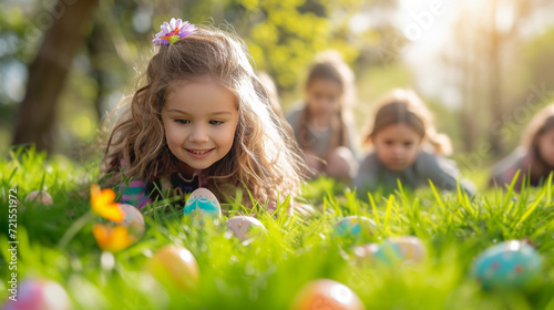 Cheerful children are looking for colorful Easter eggs in the bright green grass on a sunny day