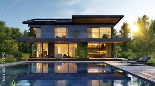 Modern English style house with solar panels on the roof