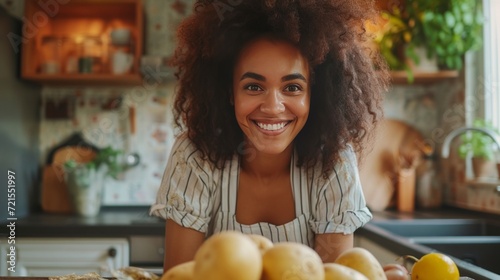 Young woman peeling potatoes in the kitchen while sitting on a stool and smiling