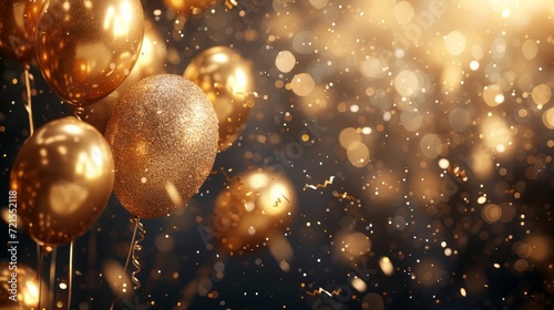 Festive background with glitter balloons, gold glitter confetti and plenty of space for text