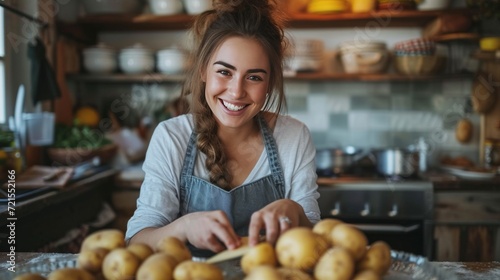 Young woman peeling potatoes in the kitchen while sitting on a stool and smiling photo
