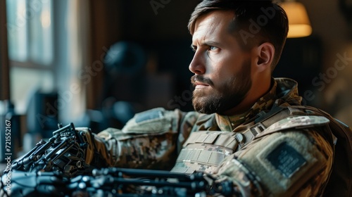 Young handsome military man with bionic prosthetic arm