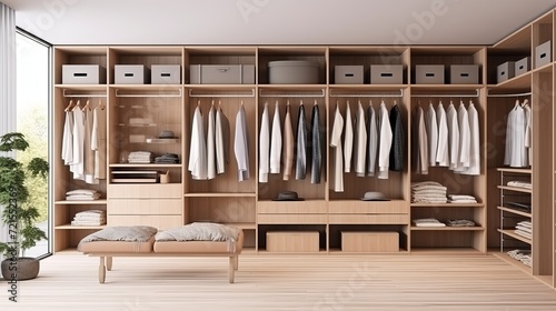 A 3d illustration of a minimalist scandinavian wood walk-in closet that features a wardrobe.