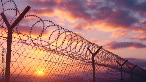 Abstract Barrier wire fence refugee Twilight sky. Deliverance Broke spike change bird boundary human rights slave prison jail break hope freedom justice social liberty day world war emancipation win