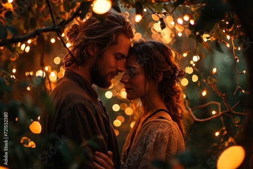 The intimacy of a young dancing couple, swaying in harmony under a canopy of fairy lights in a secluded garden.
