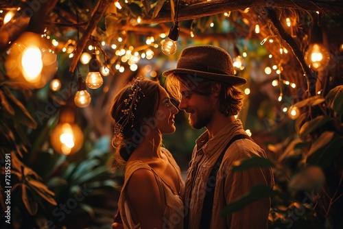 The intimacy of a young dancing couple, swaying in harmony under a canopy of fairy lights in a secluded garden.
