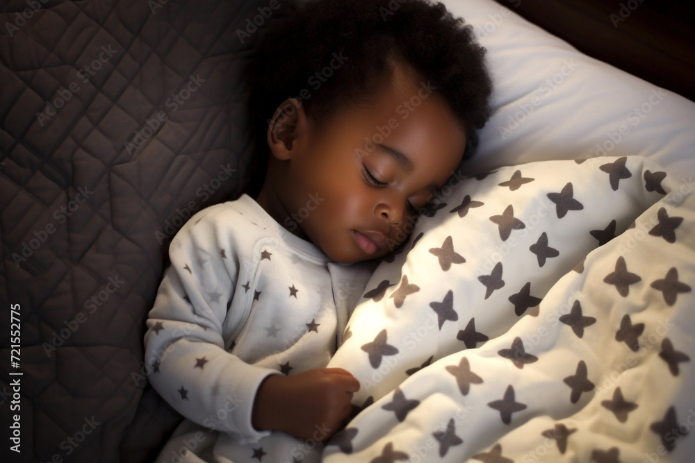 Little boy, Afro-american child, with black skin, sleeping in bed with closed eyes under the blanket. Little boy, Afro-american child, with black skin, sleeping in bed with closed eyes under the blanket.