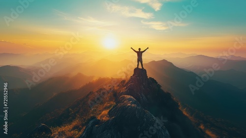 Copy space of man rise hand up on top of mountain and sunset sky abstract background. Freedom and travel adventure concept.
