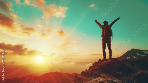 Fototapeta Naklejka Na Ścianę i Meble -  Copy space of man rise hand up on top of mountain and sunset sky abstract background. Freedom and travel adventure concept