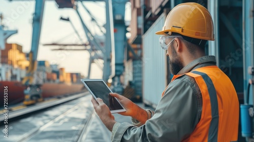 Engineer wearing uniform inspection and see detail on tablet with logistics container dock cargo yard