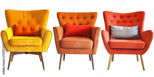 Collection set of retro mid-century armchairs cutouts single seat sofas isolated on transparent background. photo
