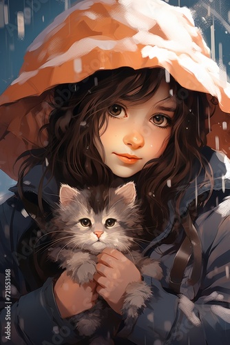 a young girl and cat while raining in digital draw