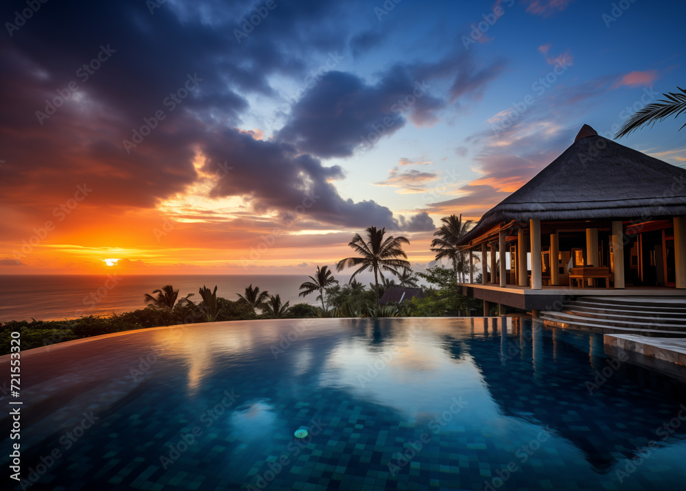 sunset over the swimming pool by AI generative