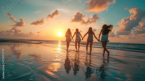 Group of Young Asian woman in walking and playing together on tropical beach at summer sunset.