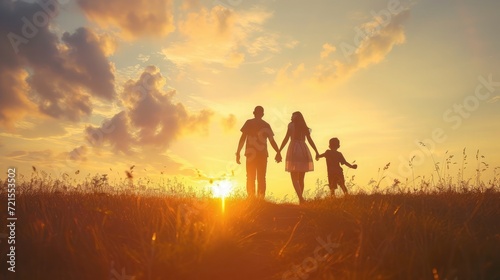 Happy family: mother, father, children son and daughter on nature on sunset