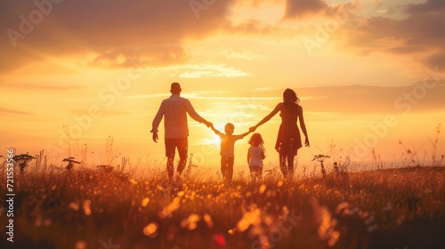 Happy family: mother, father, children son and daughter on nature on sunset