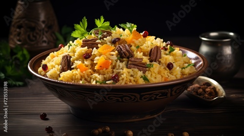 A close-up shot of a bowl filled with pilaf that includes meat, dried fruit, and raisins.