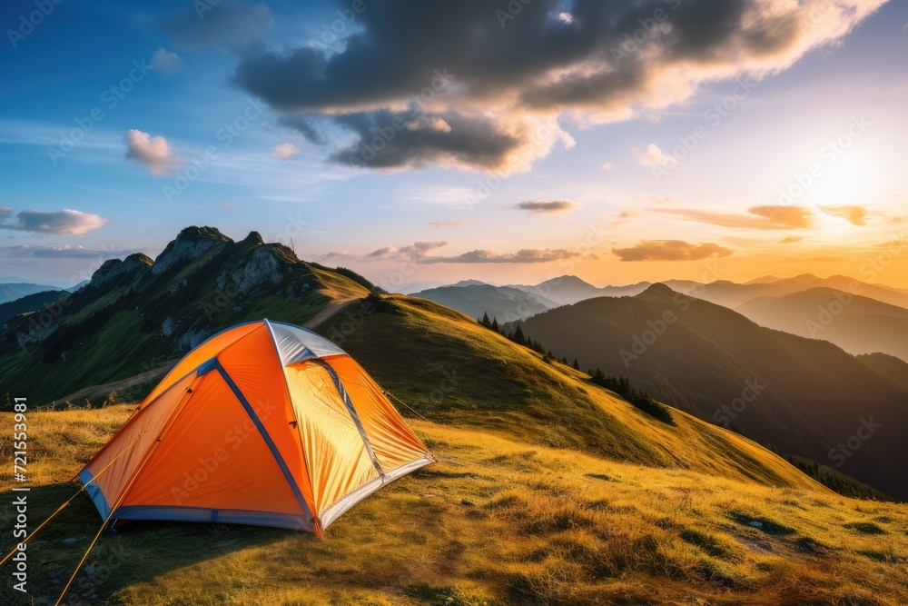 Camping tent in a mountain. View of the horizon Camping tent in a mountain. View of the horizon