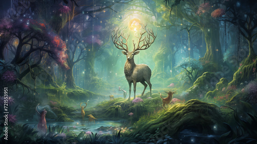 Enchanted Forest with Mystical Deer and Glowing Tree