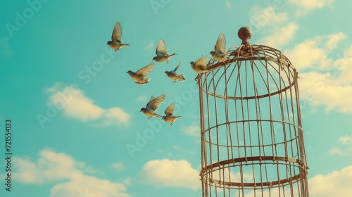 little birds escape out of birdcage  freedom concept