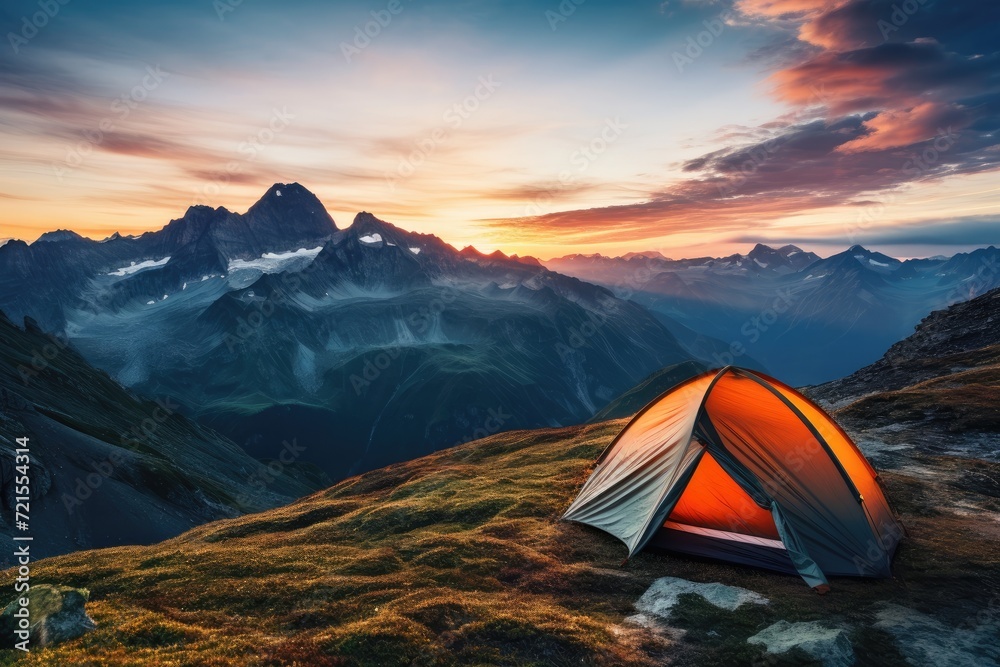 Camping tent near a mountain trail at sunset, beautiful landscape, scenery, sky
