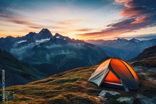 Camping tent near a mountain trail at sunset, beautiful landscape, scenery, sky