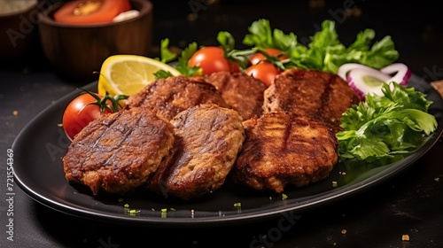 A look at the top of meat cutlets with salad and bread.