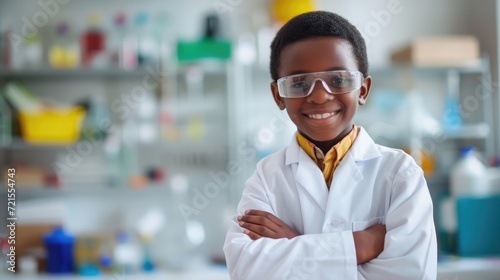 Portrait of African student in lab coat uniform arm crossed wearing safety eyeglass in laboratory,
