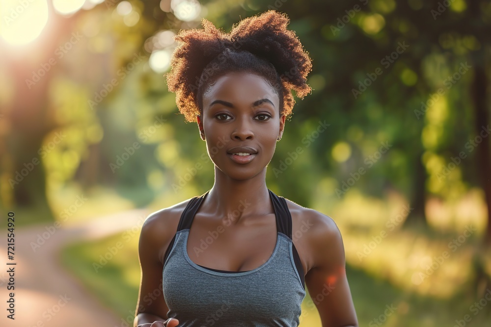 Handsome african american sportswoman running in the park Handsome african american sportswoman running in the park