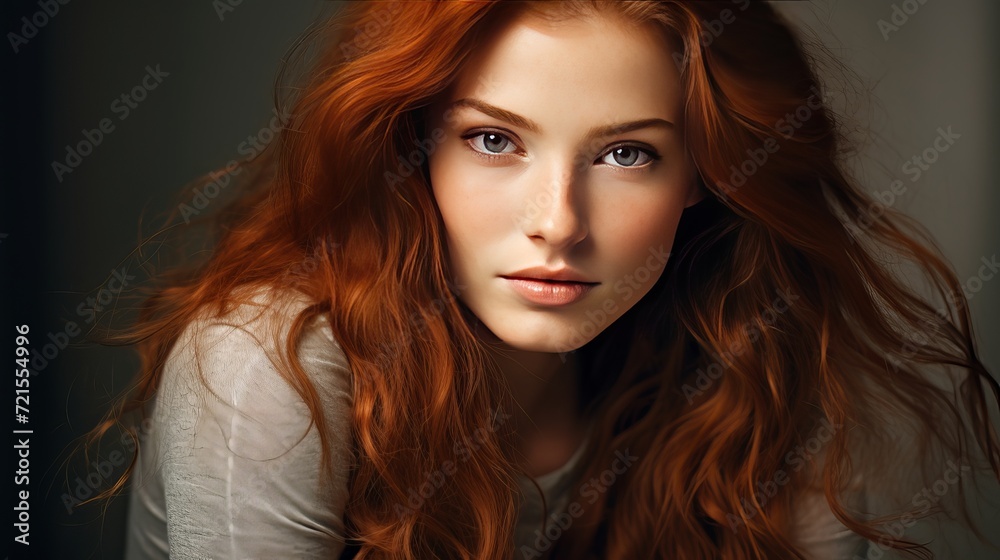 Fototapeta premium A picture of a gorgeous woman who is an adult and has long red hair.