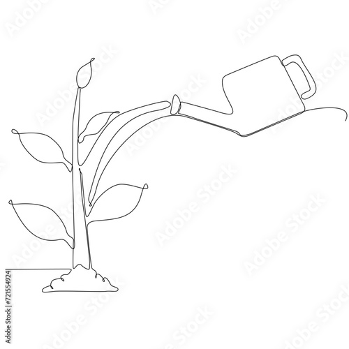 continuous line drawing of sapling in watering earth vector