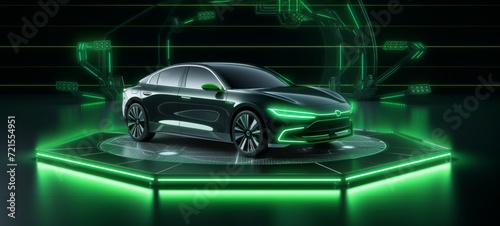3D graphics rendering showing a fully developed electric vehicle prototype. An electric car standing on a platform with green holographic neon lighting on a dark background. Future is now. © Georgii