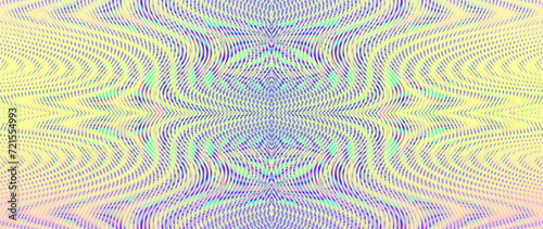 Surrealistic rainbow colored background with symmetric linear moire ornament in soft multi color halftones. Psychedelic abstract pattern from ornamental symmetric wavy lines with moire effect