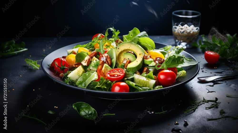 A plate filled with a delicious vegan salad with fresh ingredients, accompanied by a fork and a black cutting board with a blue background.