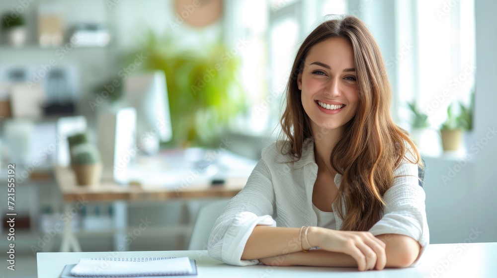 Smiling pretty businesswoman posing at her desk in a bright modern office with copy space. business success, break time concept