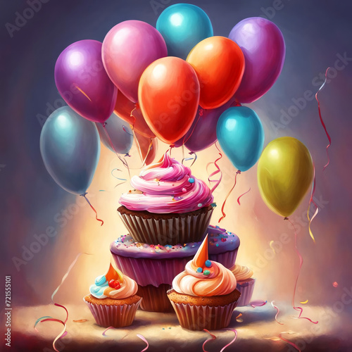 Abstract illustration with cupcakes  cream  balloons and candles.