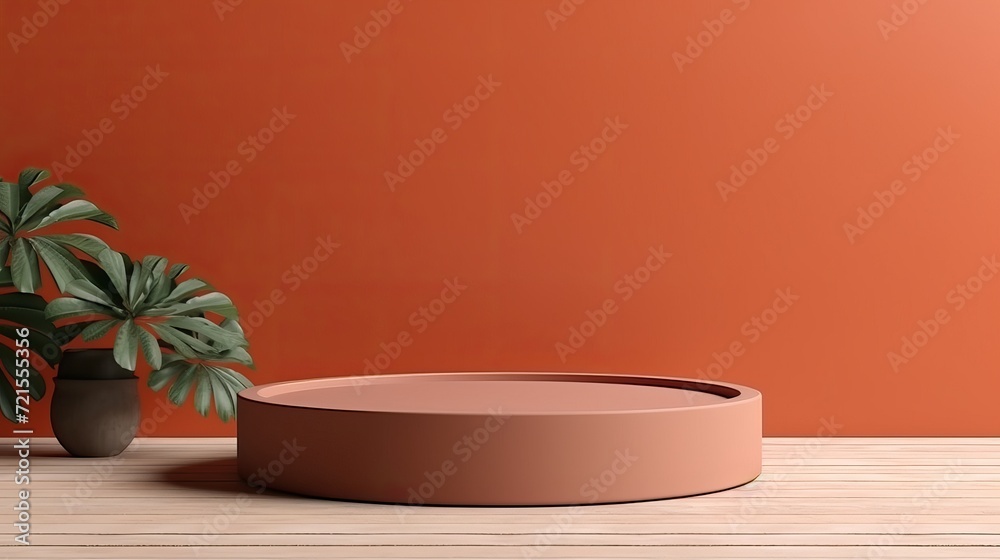 A podium that can be used as a product display stand pedestal with a studio brick color background rendered in 3d. A podium that can be used as a product display stand pedestal with a studio brick color background rendered in 3d.
