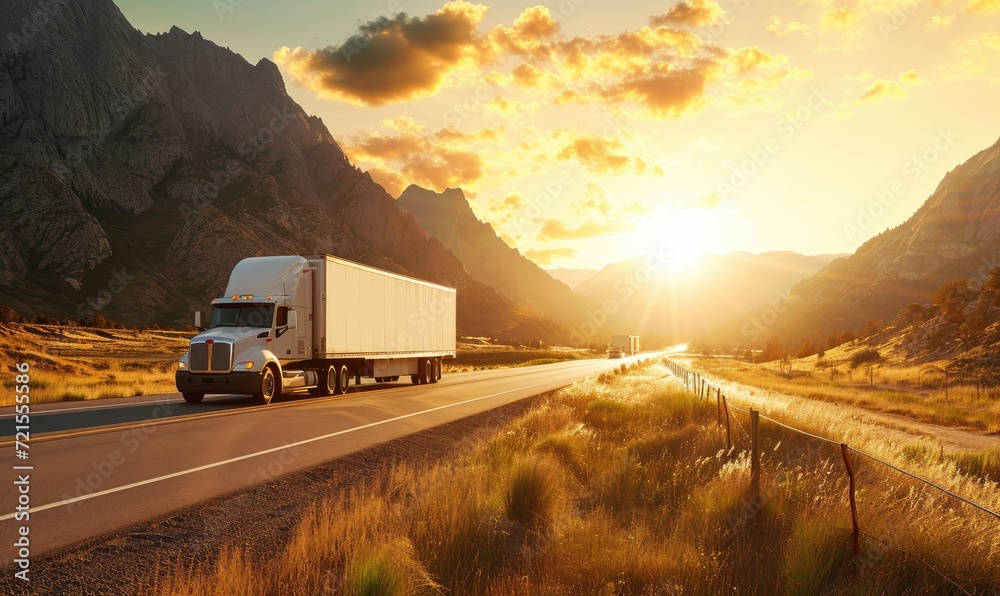 A white cargo truck on the road at sunset in a mountainous landscape. Freight trailer truck