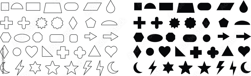 Basic geometric shapes kids, black cute line and flat icons set, cartoon characters isolated on transparent background. Education and children game. Geometric primitives vector collection.