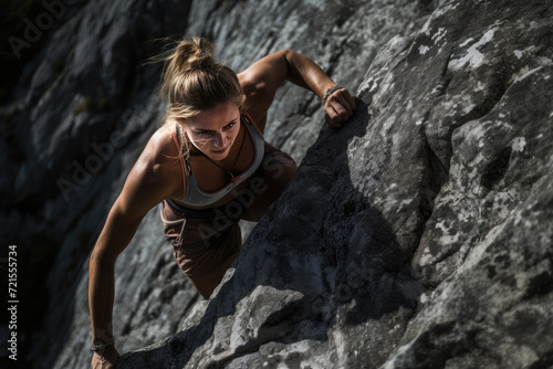 A top view photography of a female climber without a rope on a rock. Ropeless climbing, free solo climbing, extreme sports, adrenaline and adventure concepts  photo